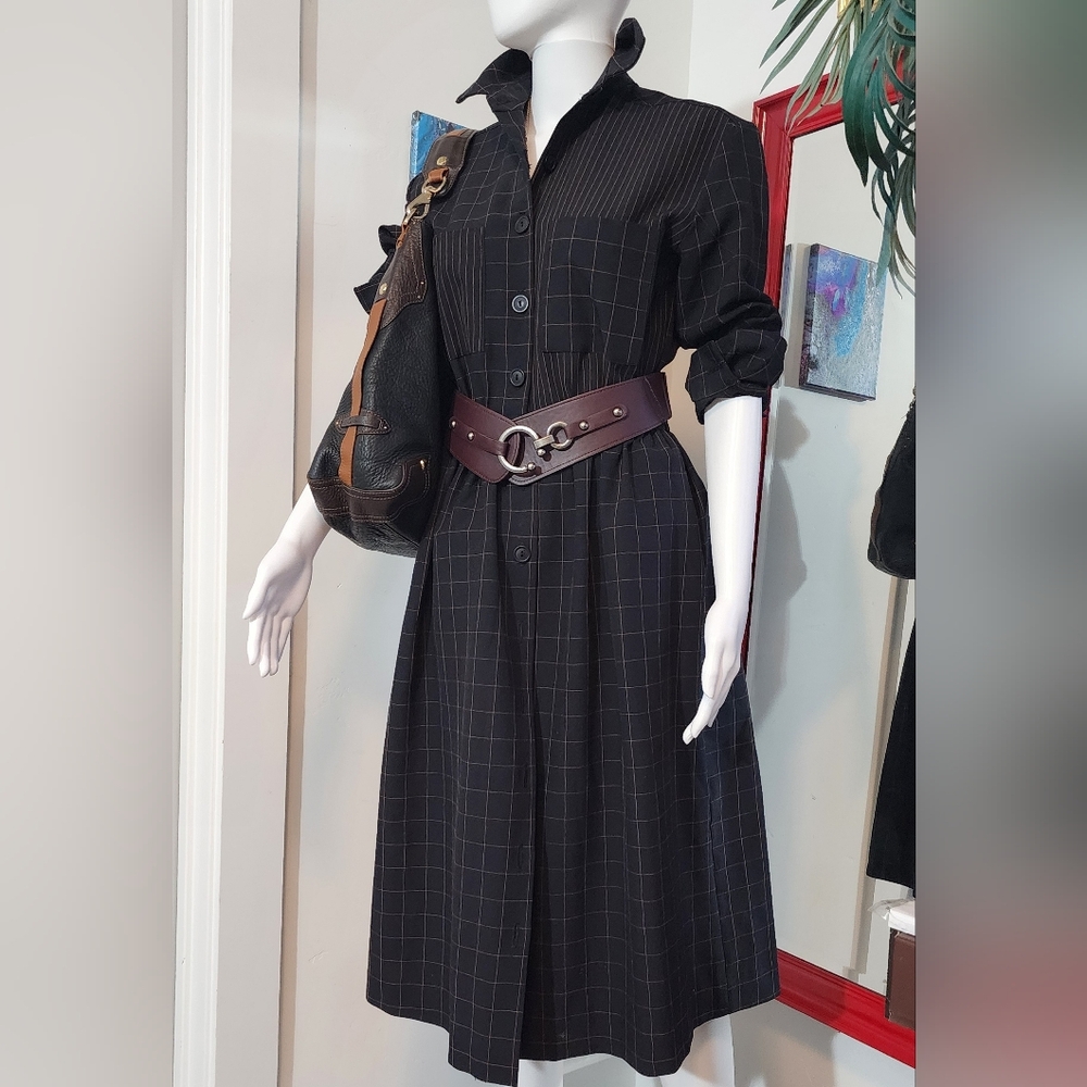 Classic Black Checked Shirt Dress with Waist Belt